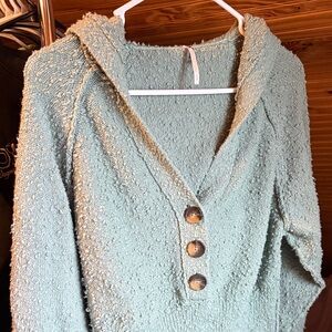 Free People Sage Green Hooded Bouclé Button Sweater